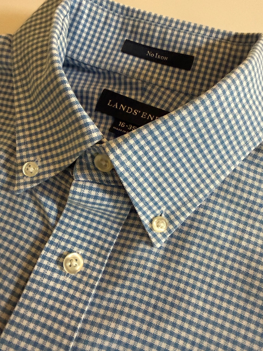 Lands’ End Men’s No Iron Button-Down Shirt – 16-35 – Blue & White Gingham Check